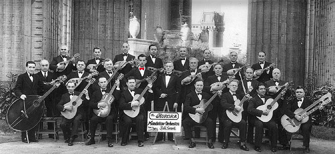 Aurora Mandoline Orchestra 1937. Tony Flores, always a snappy dresser, is wearing the red bowtie