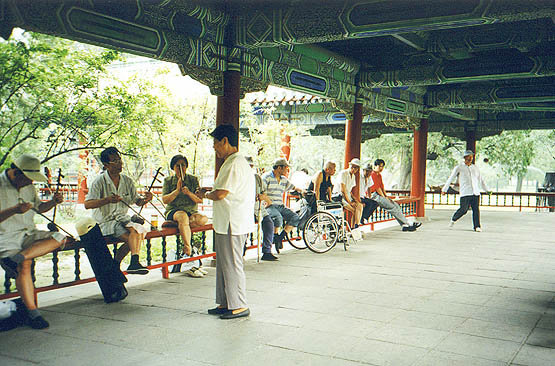 Erhu players, singer, and listeners. Note the guy in the back kicking a coosh ball. He was great, and he was also about 80 years old.