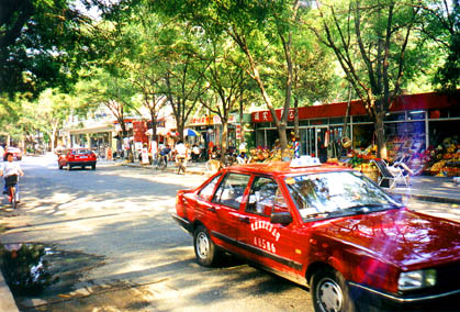 shopping street near the hotel;
                note the ubiquitous red Xiali taxis